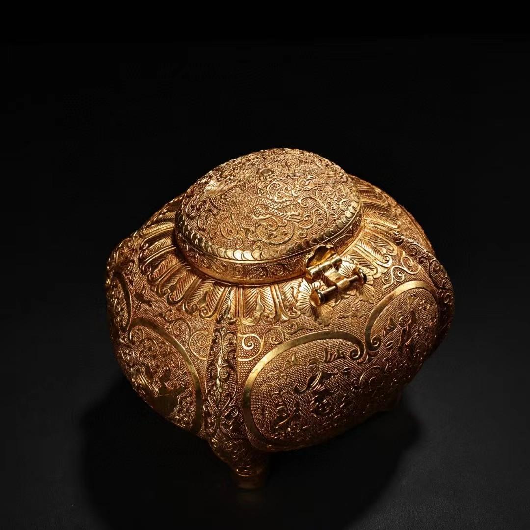中国古美術・旧蔵銅胎鎏金缶・純銅細密彫・純手作り・高浮彫・茶道具・文房具・木箱付
