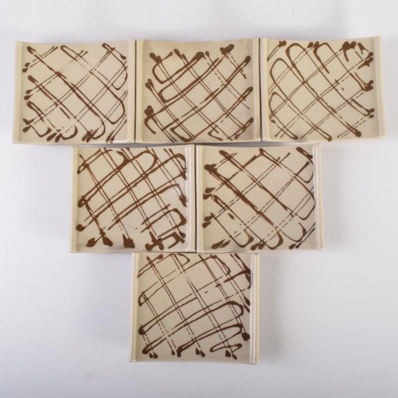 織部焼　四方皿　銘々皿　六客　在銘　共箱　C　6961