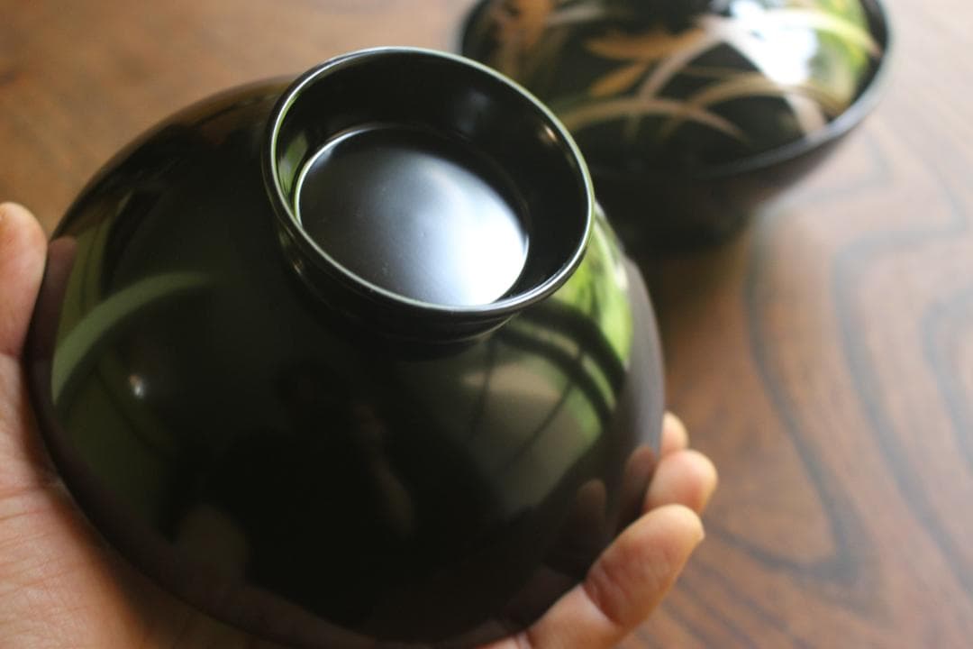 デッドストック！端正な黒漆に極上蘭蒔絵の美しいお椀2点（検