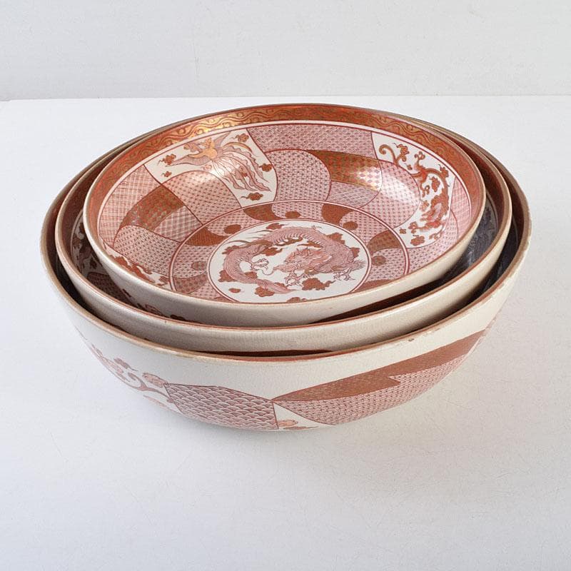 九谷焼 古九谷 赤絵八郎手 龍文 三つ組入れ子 菓子鉢 時代箱 G R9171H 美術