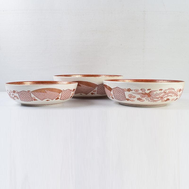 九谷焼 古九谷 赤絵八郎手 龍文 三つ組入れ子 菓子鉢 時代箱 G R9171H