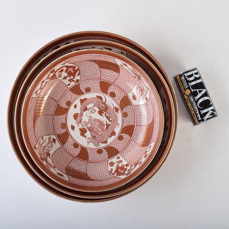 九谷焼 古九谷 赤絵八郎手 龍文 三つ組入れ子 菓子鉢 時代箱 G R9171H