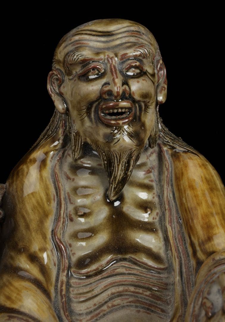 【古高取焼】鹿寿老像 七福神 長寿神 福禄寿 縁起物 置物 陶磁器 古作 共箱付