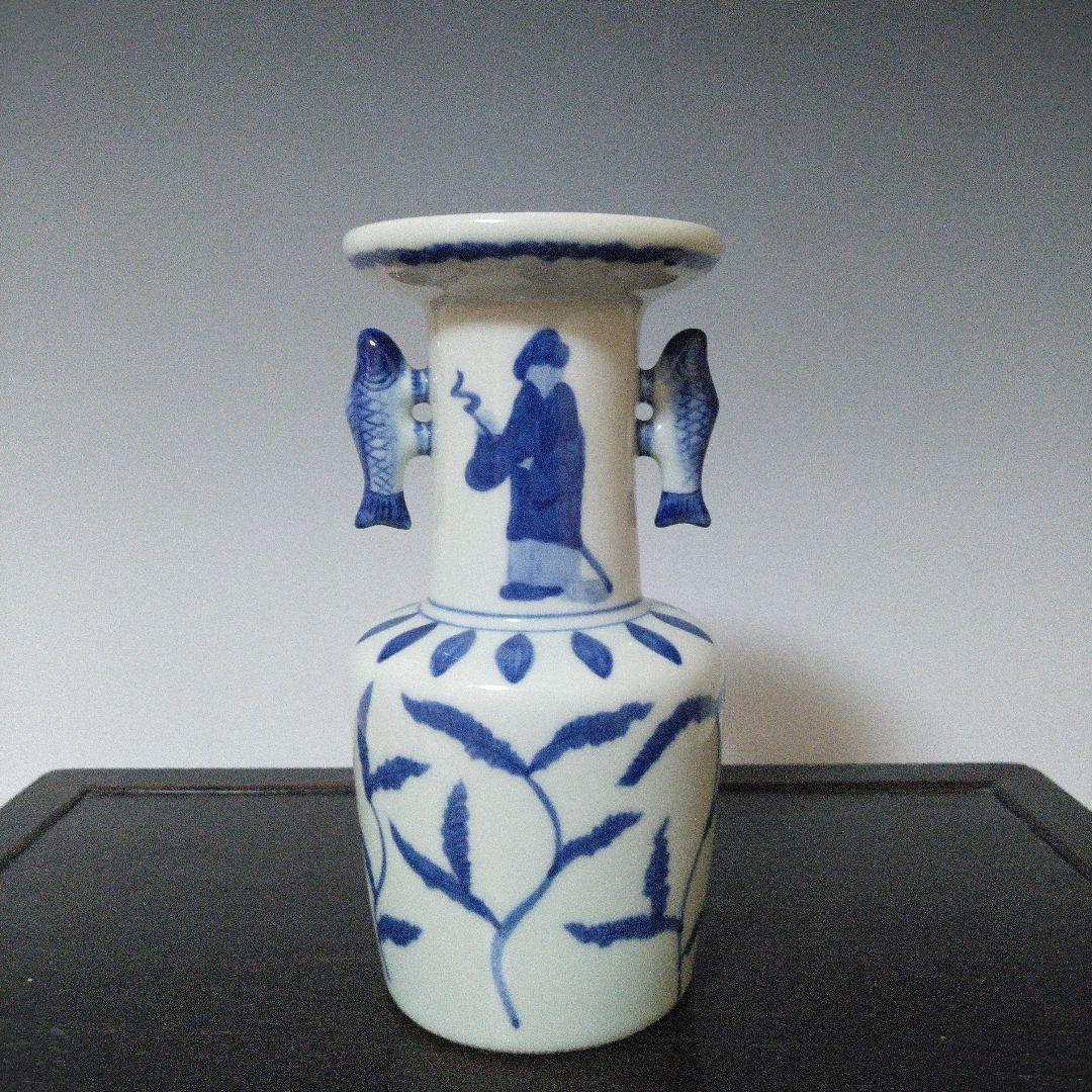 NO647 双魚耳 染付け花瓶 一寛 - メルカリ