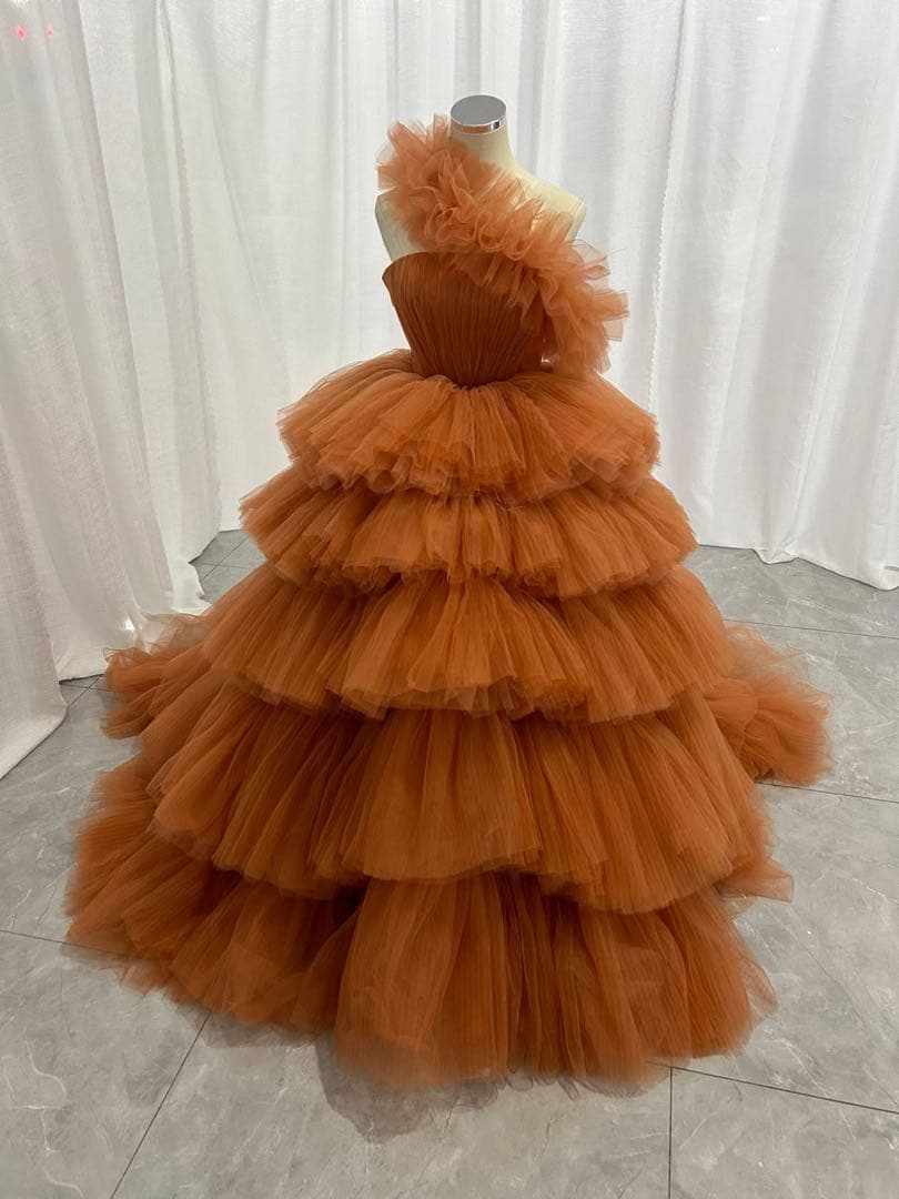 オレンジ ワンショルダー フリルドレス