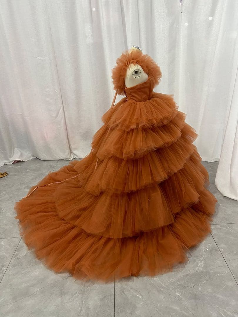 オレンジ ワンショルダー フリルドレス