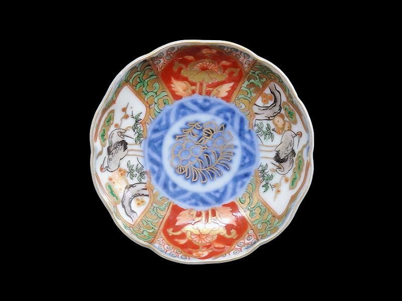 古伊万里　金襴手　松竹梅に双鶴　花の図　豆皿　E893AS-CTs