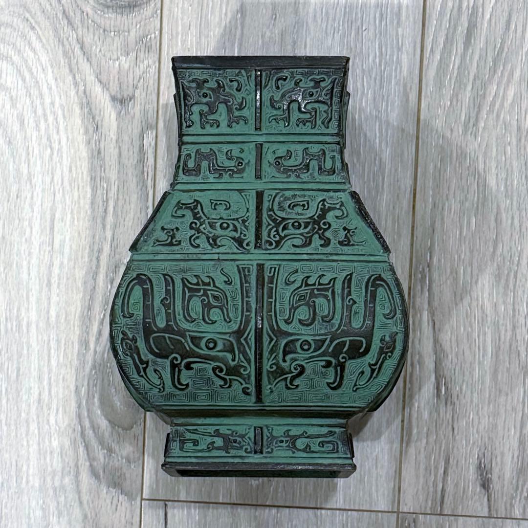 緑色 彫刻花瓶 青銅 四方花器 昭和レトロ インテリア 花瓶 送料込