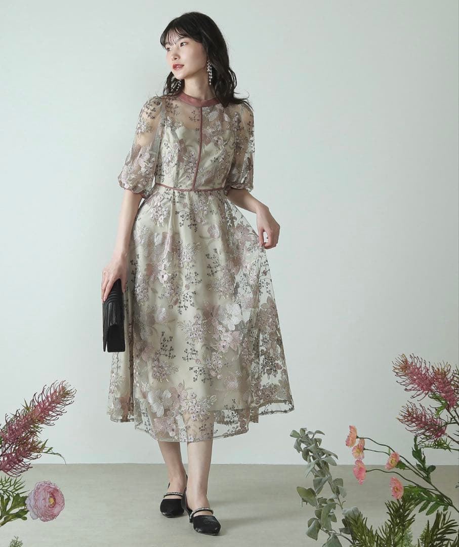 シック フラワー刺繍 パーティー ドレス 結婚式 お呼ばれ オケージョン