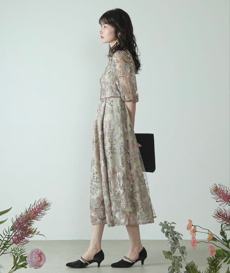 シック フラワー刺繍 パーティー ドレス 結婚式 お呼ばれ オケージョン