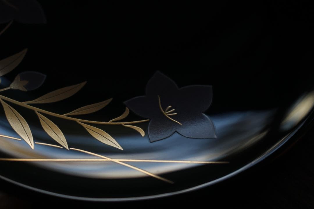 デッドストック！上質黒漆に優美な桔梗蒔絵の映える銘々皿5点（検輪島塗銘々皿蒔絵皿