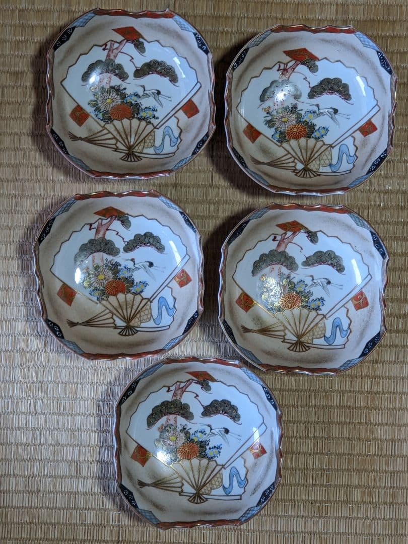 ♦九谷焼 明治時代 金彩色絵 団扇松鶴図 四方鉢 向付 茶道具 古美術 骨董品 ♢九谷焼 明治時代 金彩色絵 団扇松鶴図 四方鉢 向付 茶道具