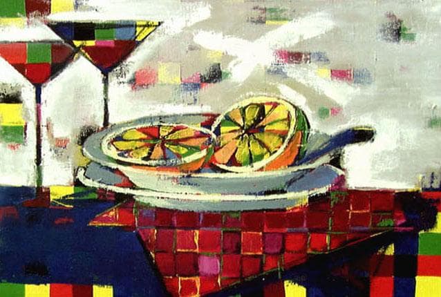 油絵 菅家令子インテリア 額付(黒) uF6-061703 静物 フルーツグラス