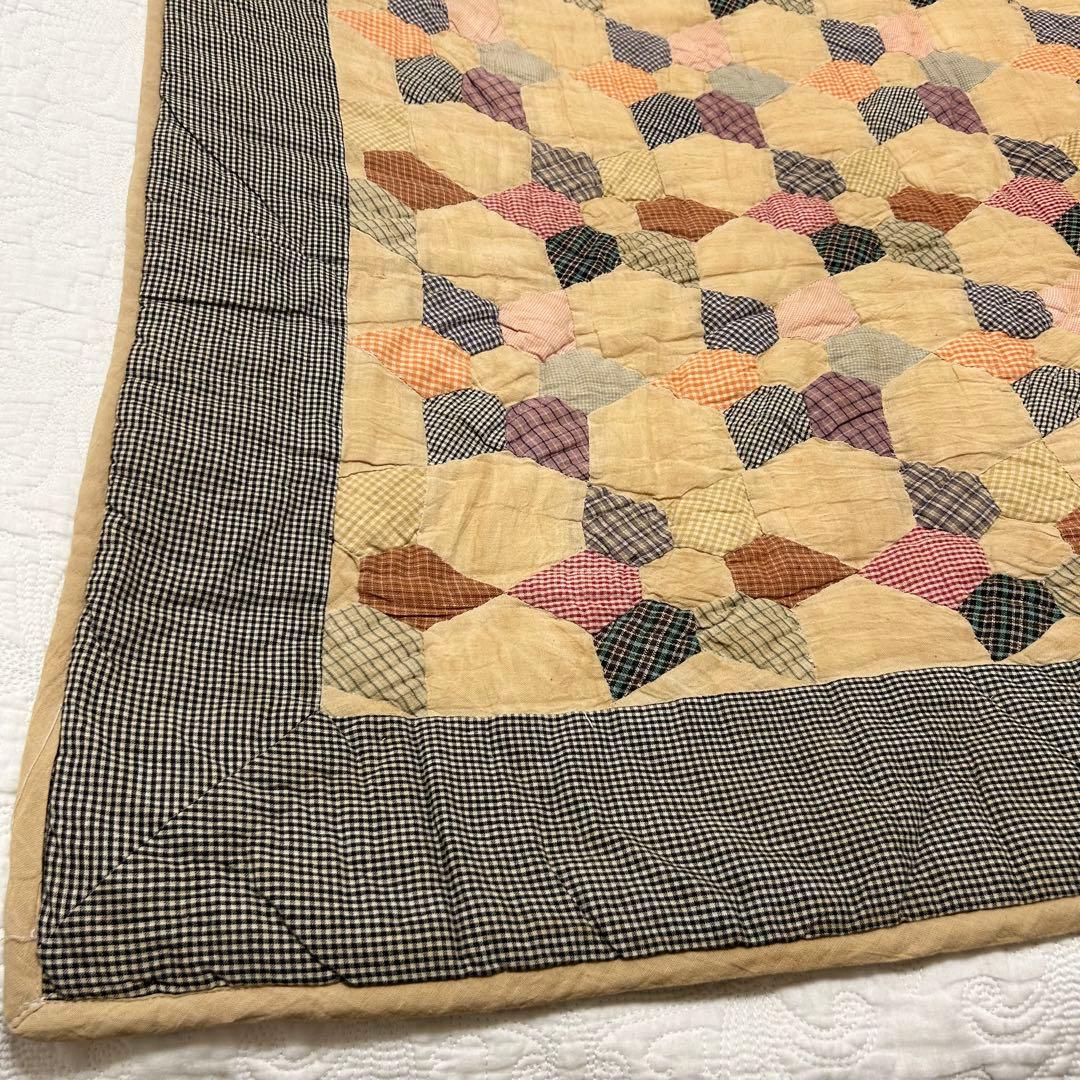 美品【アンティーク コットンキルト長方形】六角形パッチワーク【プレ