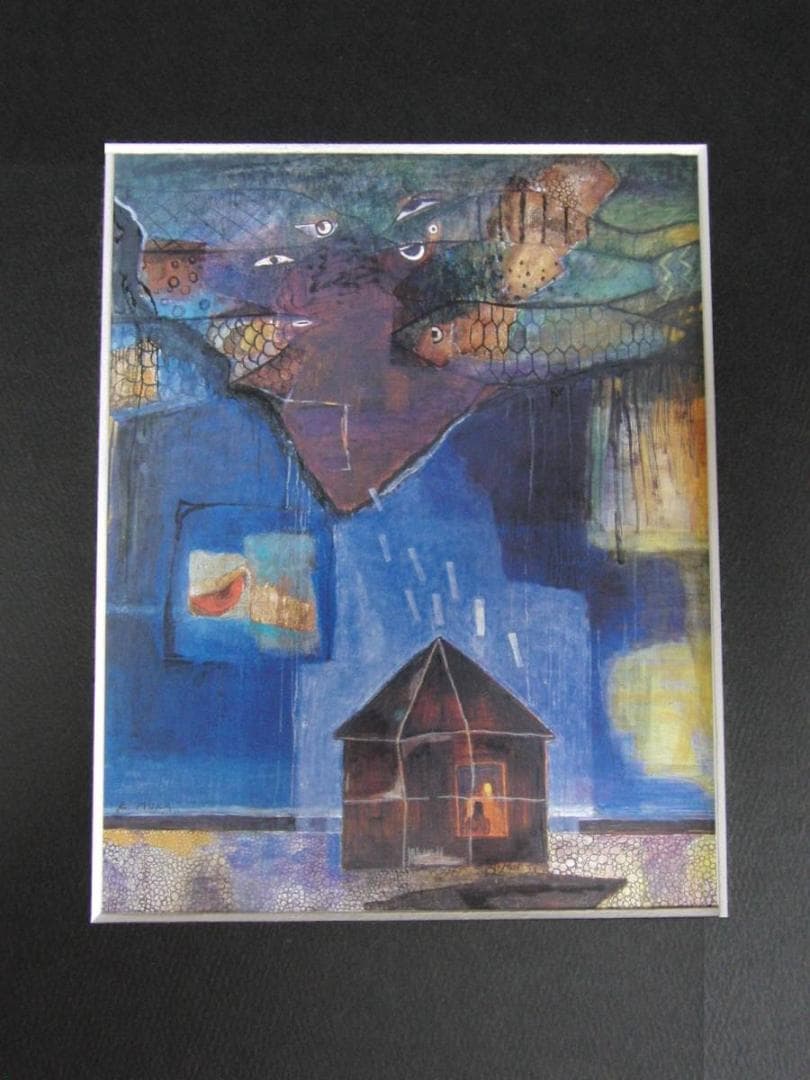 武良恭子、【漁師小屋の夜】、希少な額装用画集より、新品額装付