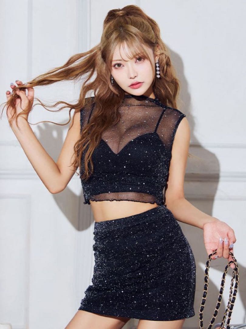 シアーラメビジューセットアップミニドレス/キャバドレス