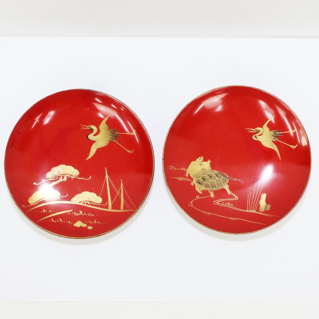 漆芸 絵変わり 鶴亀 鶴 金蒔絵 朱塗引盃 三十客 木皿 箱付き