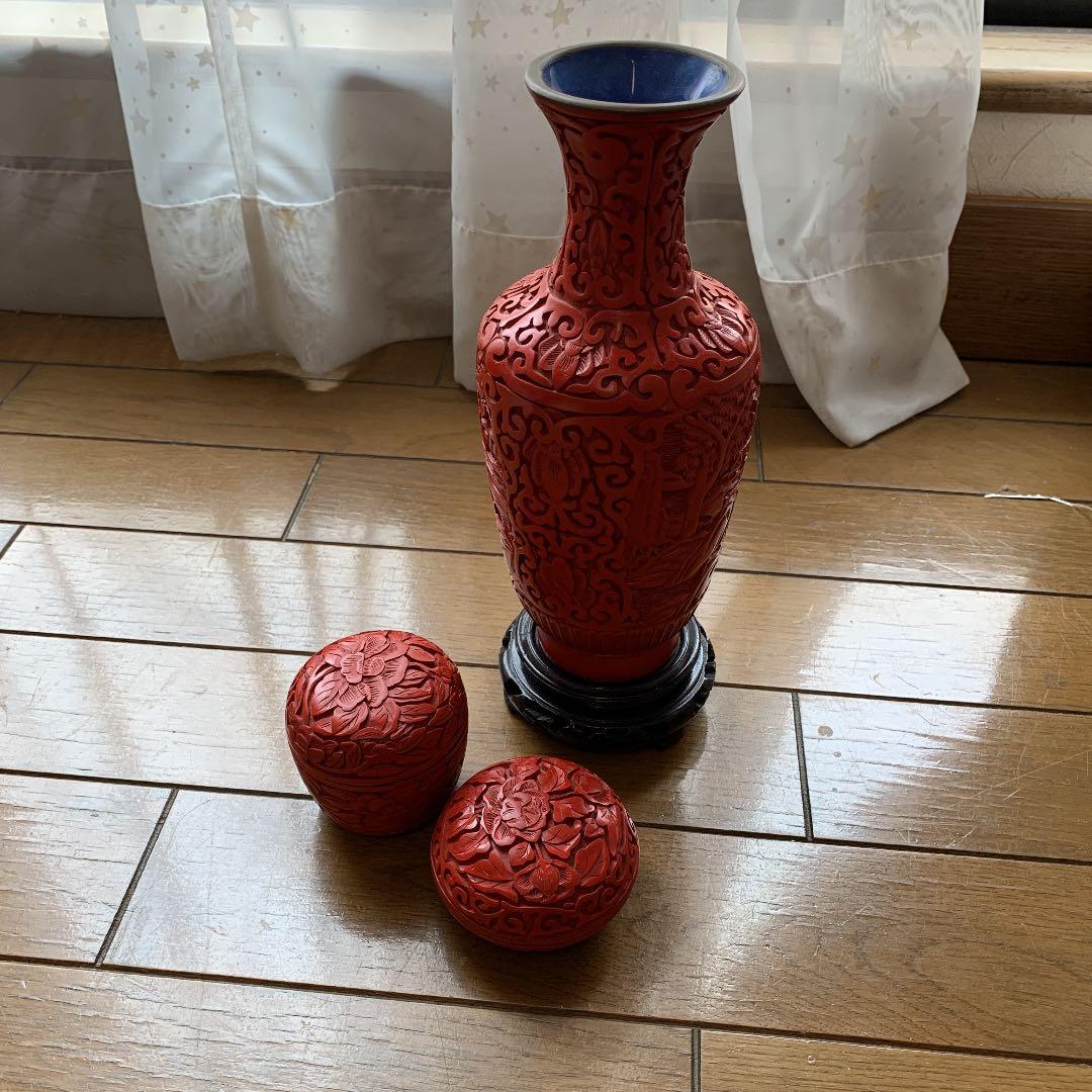 48 堆朱壺花瓶朱色中国