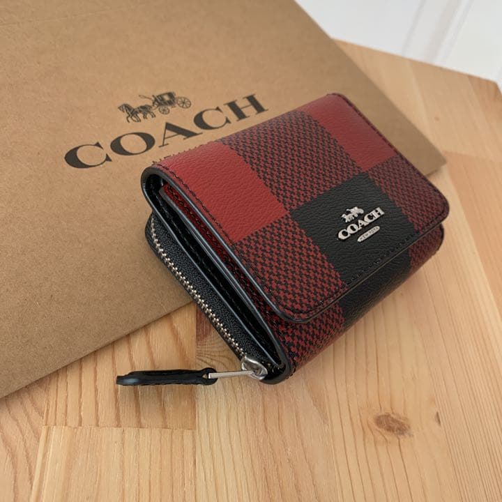 COACH 財布 三つ折り チェック レッドブラック 赤黒