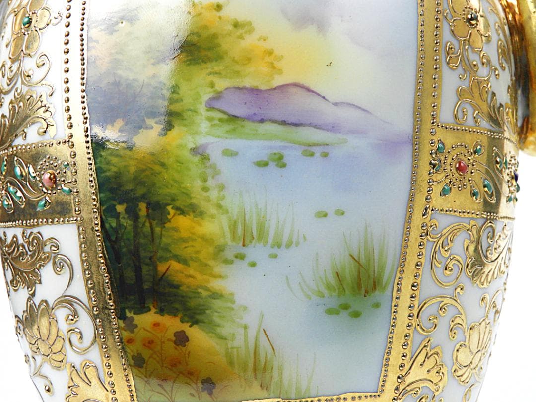 オールドノリタケ 金彩ジュエル風景画 プレッツェルハンドル 飾り壷 アンティーク