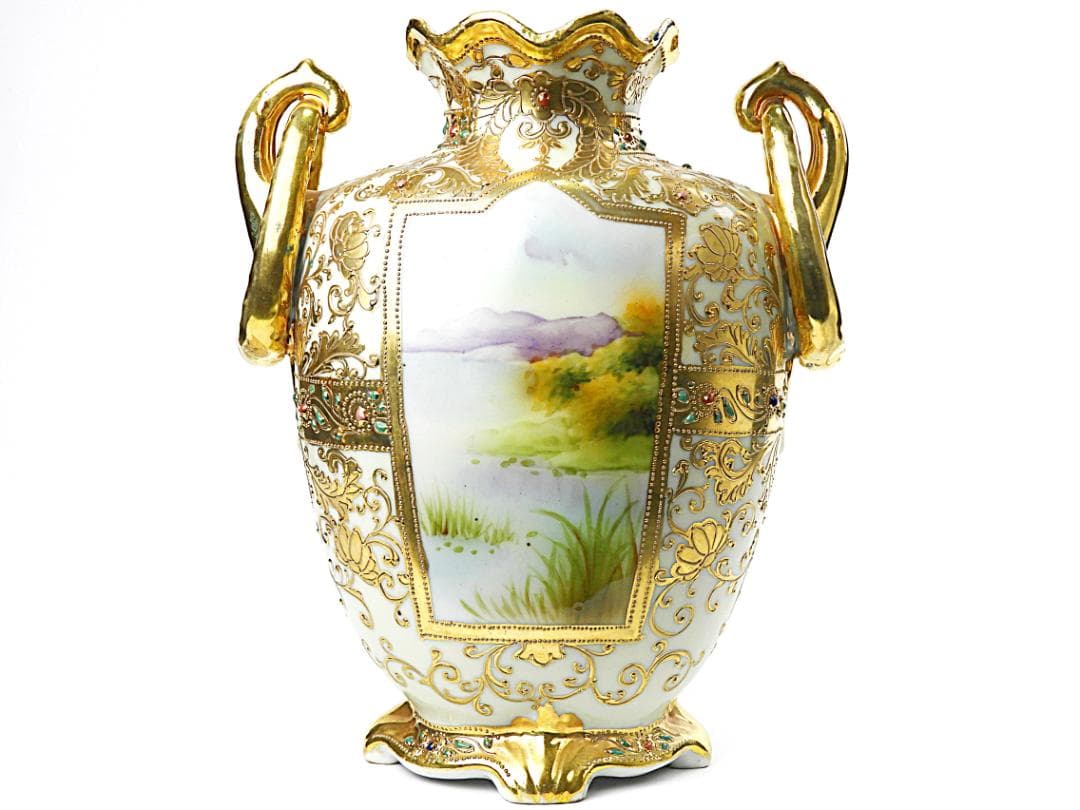 オールドノリタケ 金彩ジュエル風景画 プレッツェルハンドル 飾り壷 アンティーク