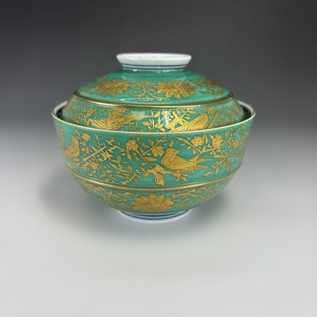 茶道具】青地金襴手唐草蓋物十客（二個蓋無し） 茶道具】青地