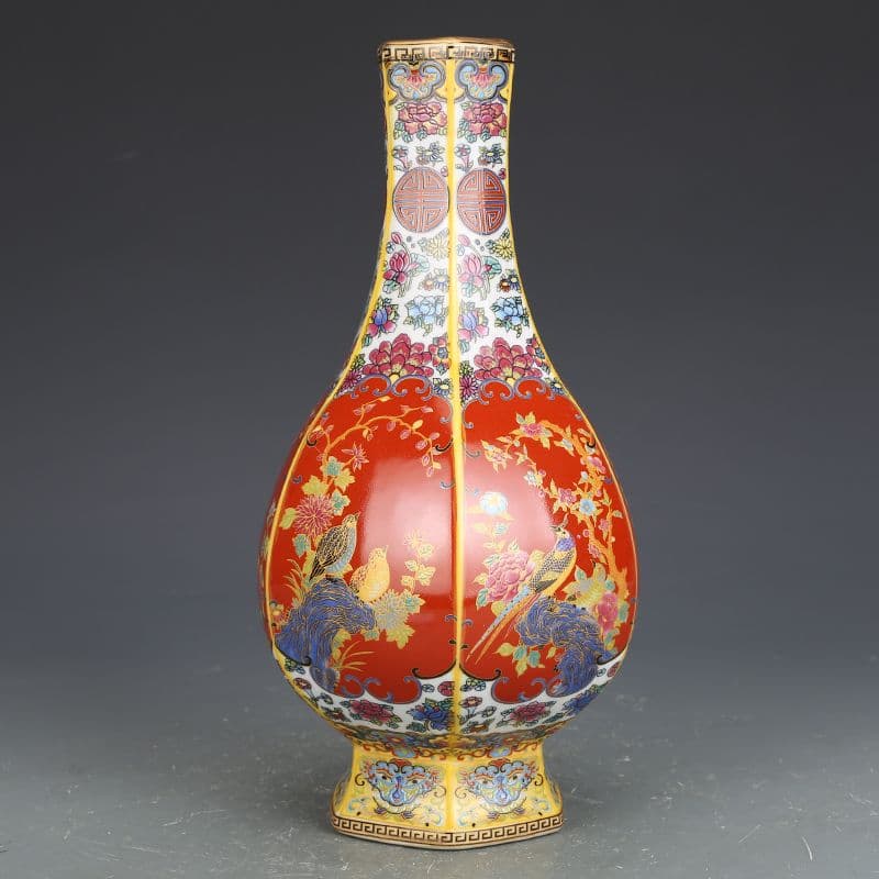 エナメル色磁器花鳥瓶  景徳鎮 陶磁器 装飾品 現代工芸品 美術品 置物