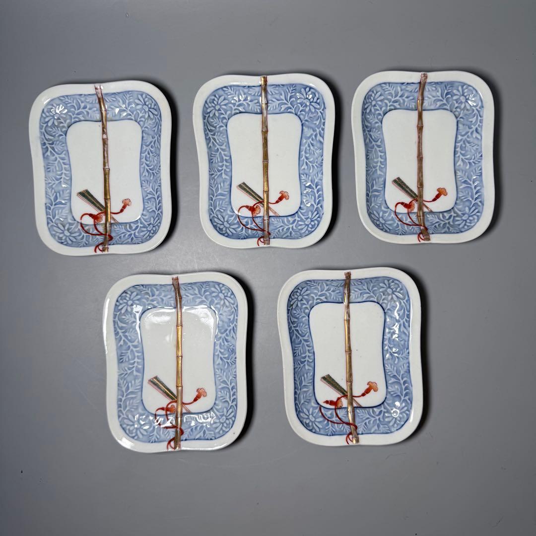 明治時代 有田焼 岩松平吾 色絵軍配形皿 五枚 角岩印 陽刻 珍品 器を