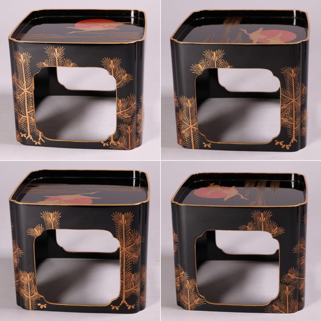 古い木製漆器 鶴図 金蒔絵 朱塗三ッ盃 盃台 天然木 日の出 杯 【MA619】