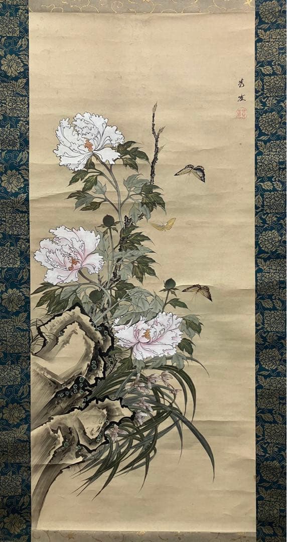 狩野芳崖【蝶・牡丹】紙本掛軸二重箱（河鍋暁斎・菊池容斎／狩野派）