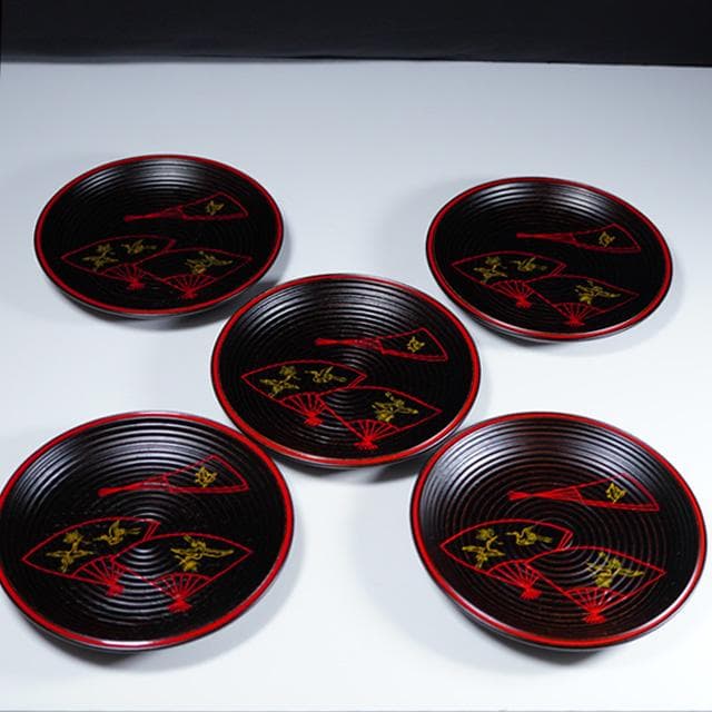 前端雅峯　扇面鶴亀絵銘々盆　5枚　共箱　茶道具　菓子器　銘々皿