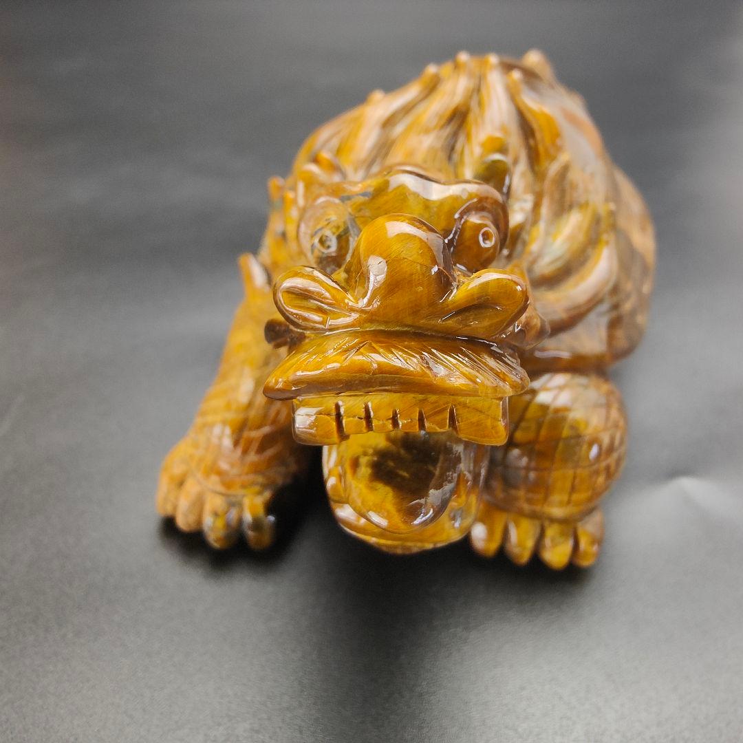 超美品 タイガーアイ 虎目石で作った龍亀(ロングイ) 天然石 風水