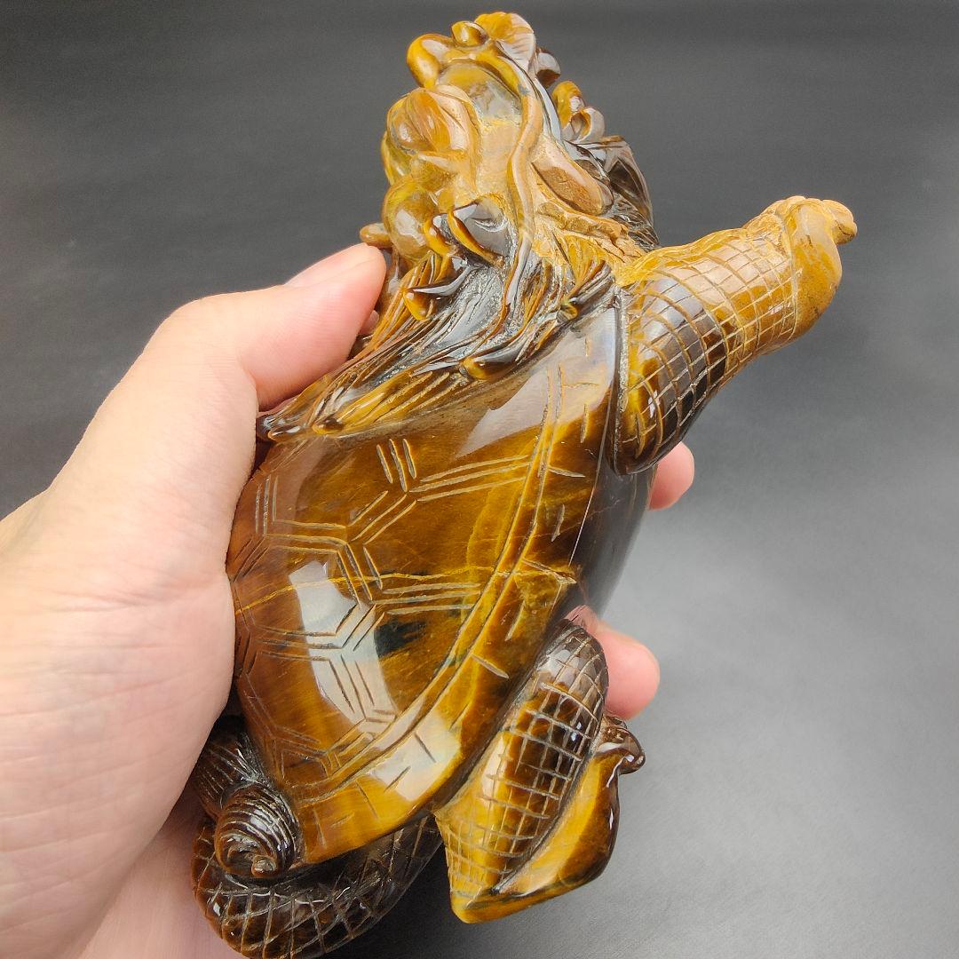 超美品 タイガーアイ 虎目石で作った龍亀(ロングイ) 天然石 風水