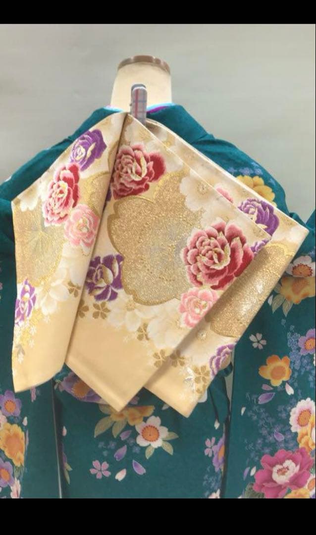 グリーン ターコイズブルー 振袖 成人式 ショール 髪飾り 草履 バッグ一式
