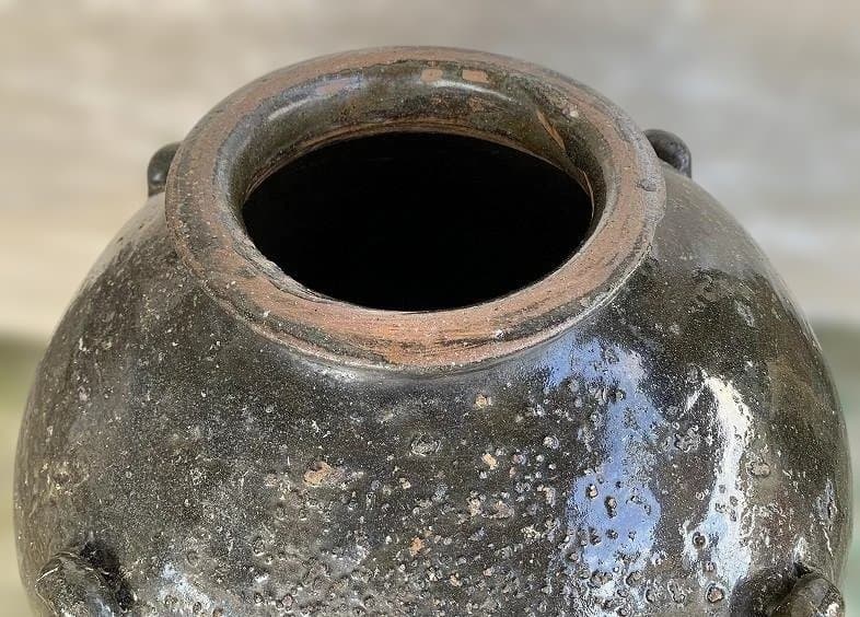 古薩摩 苗代川焼 四耳壷 黒酢壷 古民具 庭造 水瓶 甕壺 花華 釉薬