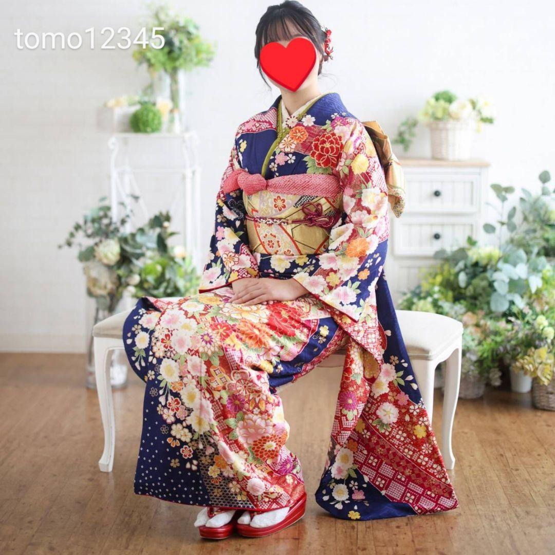 振袖フルセット　成人式前撮り卒業式　紺色桜菊牡丹鞠古典柄　振袖一式　正絹 振袖フルセット 成人式前撮り卒業式 紺色桜菊牡丹鞠古典柄