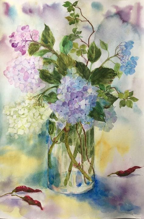 絵画　紫陽花と唐辛子　水彩画　お見本
