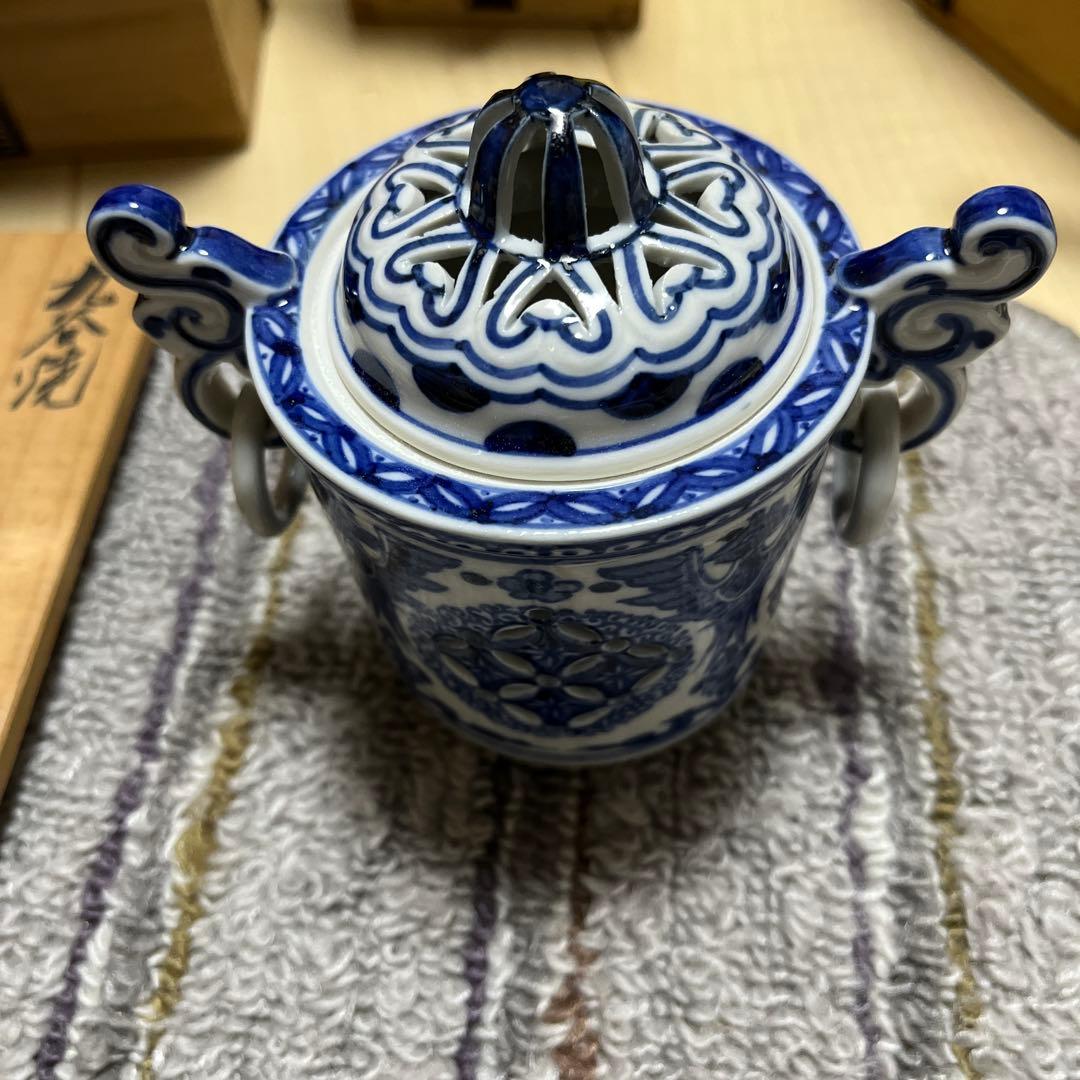 染付 耳付 香炉 七宝透かし 遊環 九谷焼 長峰 共箱 香櫨 骨董 陶芸