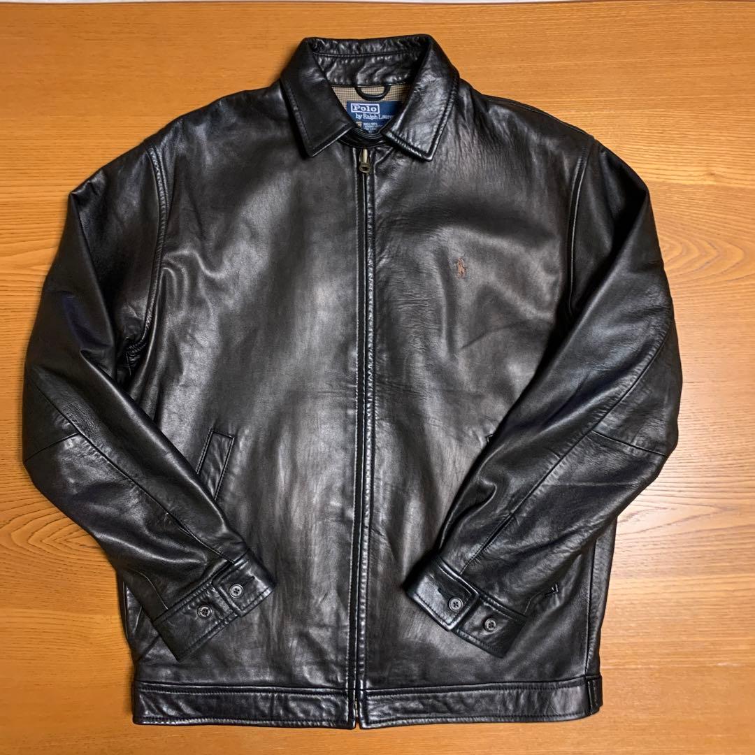 90s ラルフローレン 刺繍 羊革 襟付き ラムレザージャケット 黒 RRL