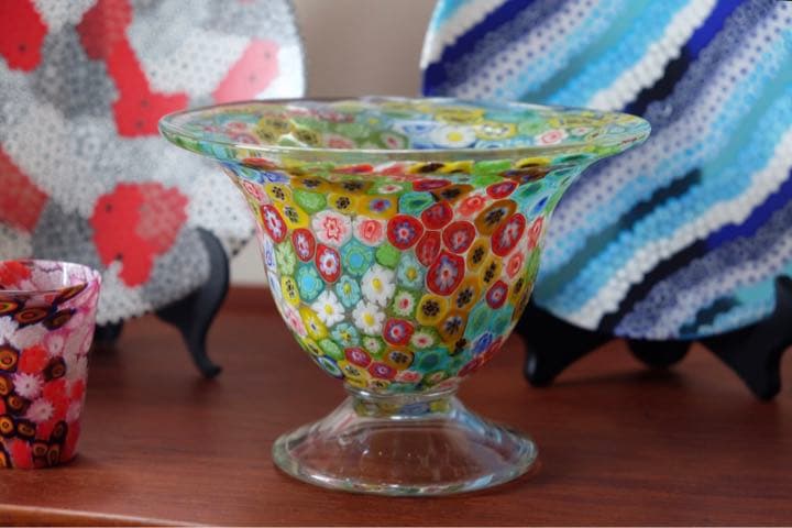 ベネチアンガラス 青色と金色の模様のガラスボウル