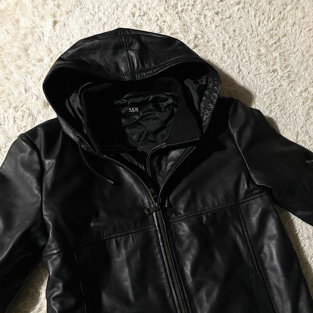 極美品】AKM ラムレザー 羊革 レイヤードレザーフードジャケットブラック L