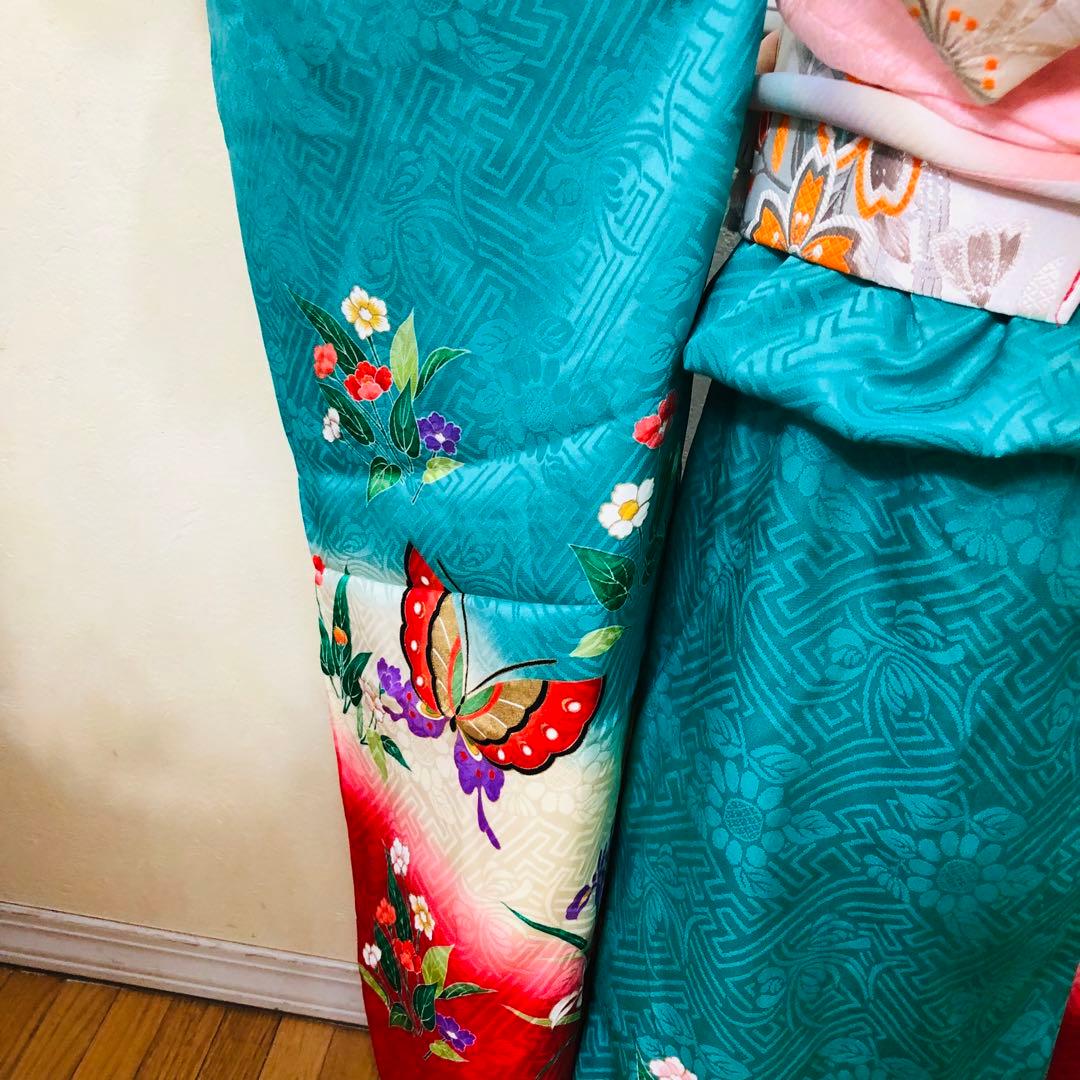 七五三七歳‼正絹️完全フルセット‼️人気Blue Greenに花車金彩煌びやか際立つ