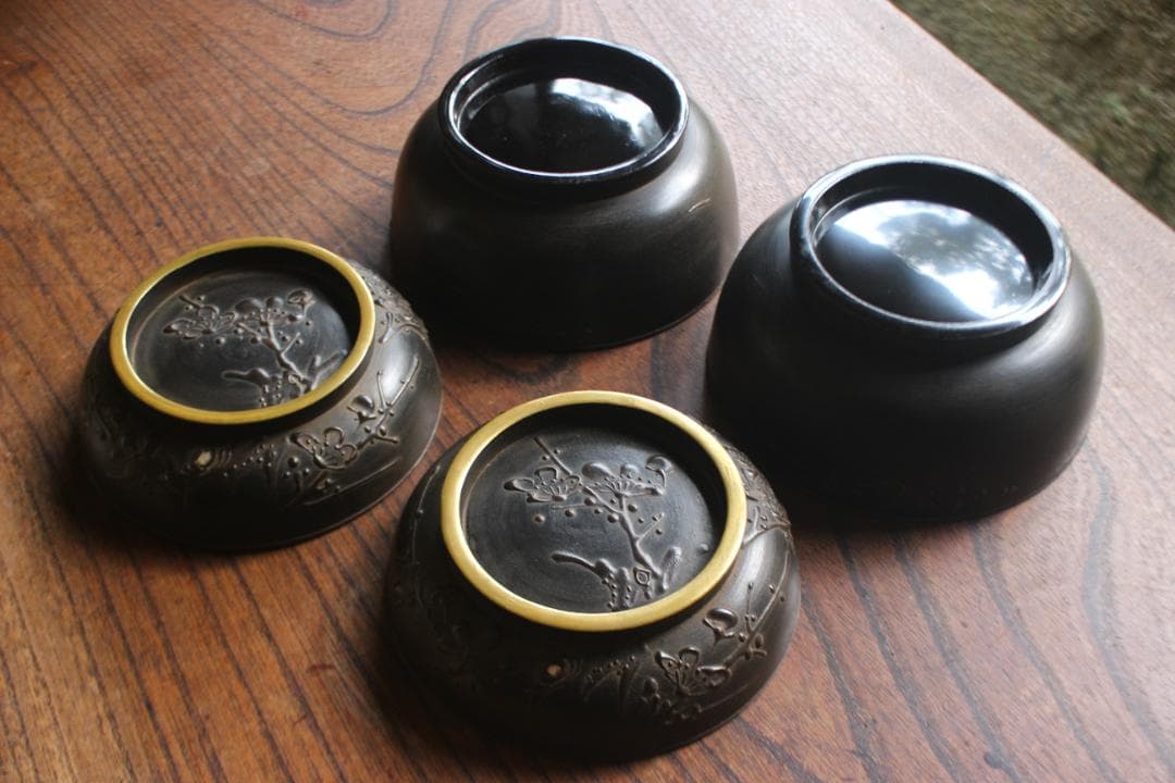 デッドストック！風情ある鉄錆塗に見返し富士蒔絵の映える煮物椀2