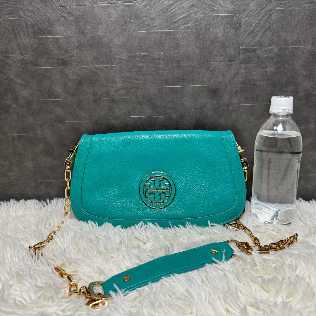 美品⭐︎トリーバーチ ショルダーバッグ　パーティ　チェーン　保存袋付き　ターコイズ
