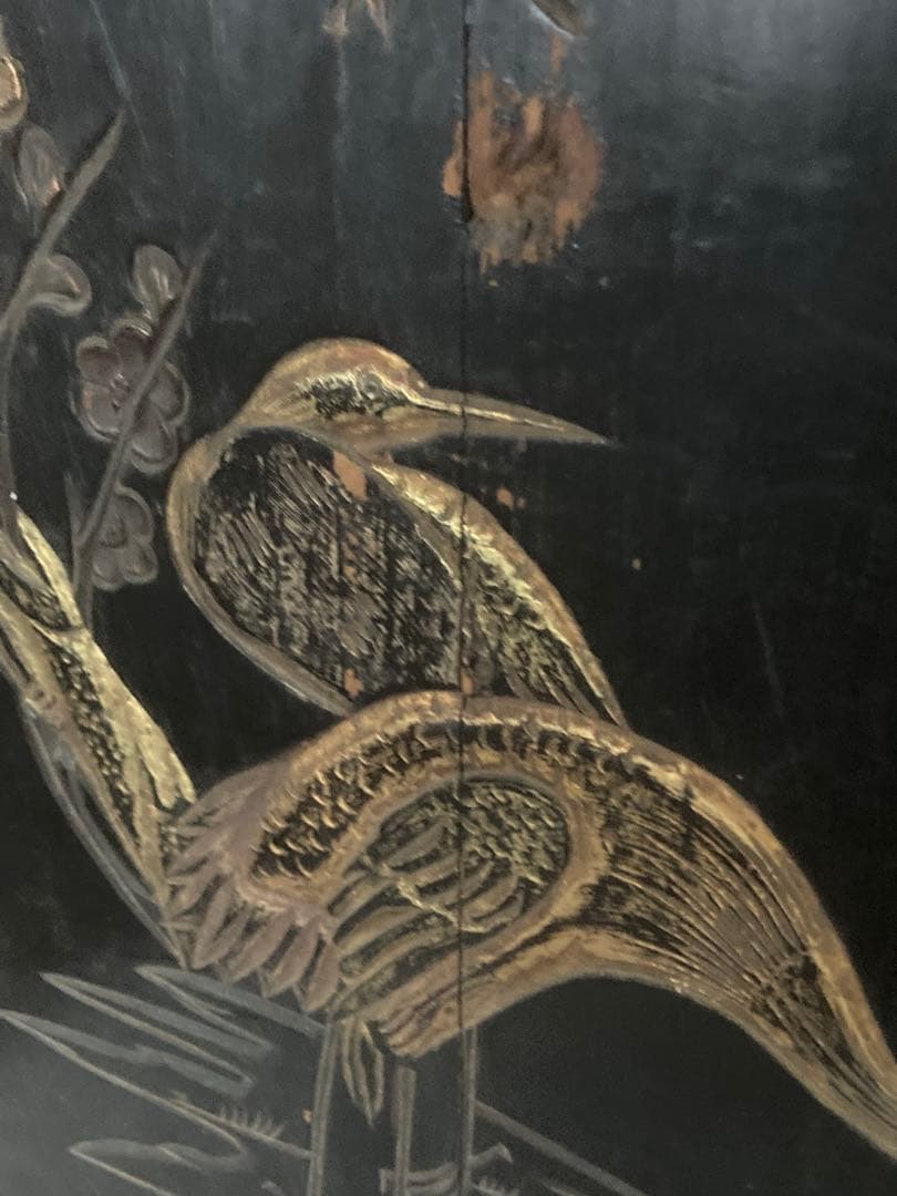 李朝 木彫 壁飾り 漆塗花鳥図金彩彫 民画 中国美術 朝鮮美術 時代物