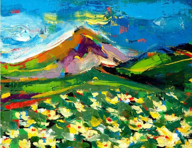 油絵 菅家令子 絵 絵画インテリア額付(銀) F4-081011 風景 山高原