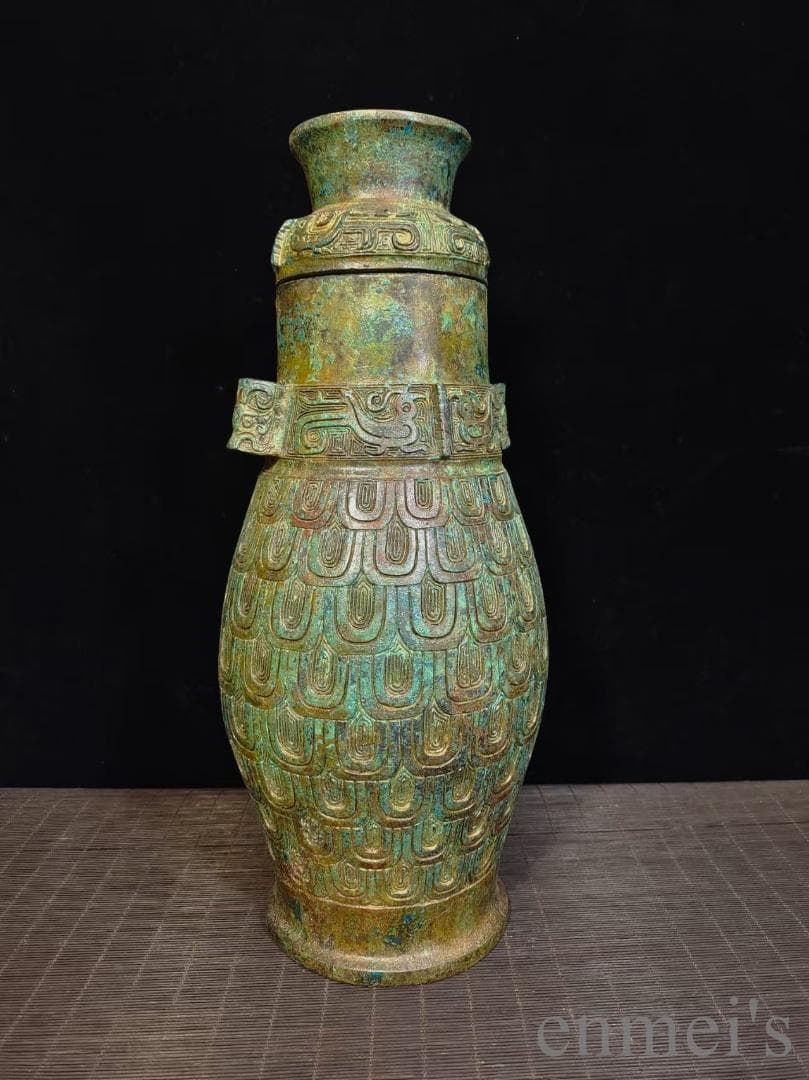 中国古美術 旧蔵 商周款 青銅製 銘文器皿《魚鱗文壺》純銅製 高浮彫 酒器 水壺