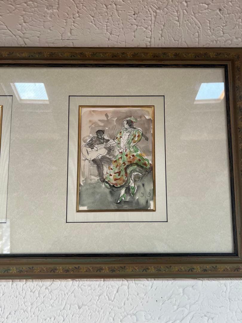 泉地靖雄「フラメンコ」水彩画 二点組額装朝日新聞西部厚生文化事業団 チャリティー