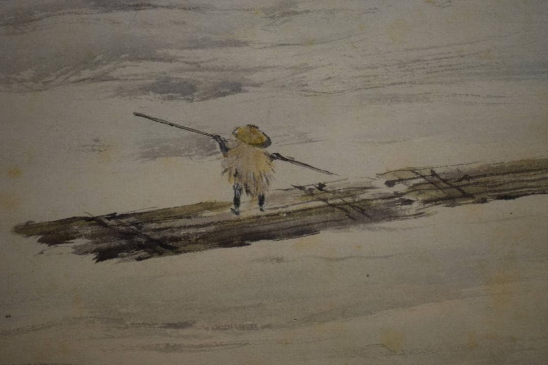 真作/佐藤古岫/嵐山春色筏人物図/桐共箱付/布袋屋掛軸HJ-233