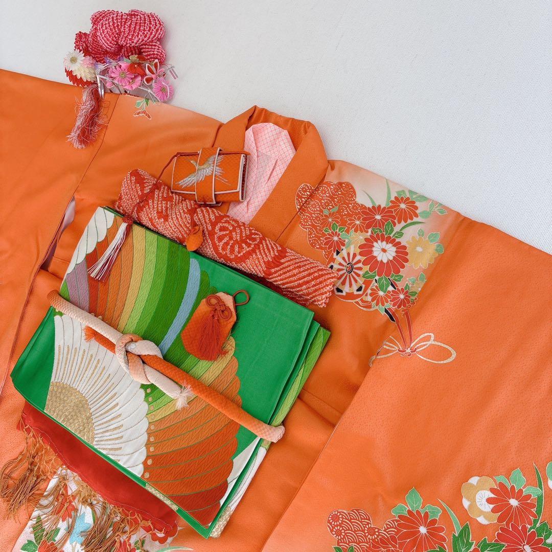 七五三　7歳　女の子　着物フルセット　小物セット　オレンジ　金糸　5231